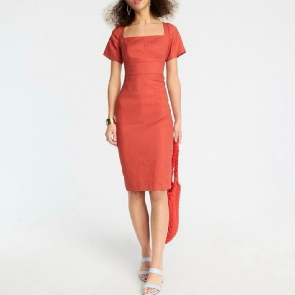 NWT J. Crew Rust Orange Squareneck Linen Sheath Midi Dress‎ Size 6 Petite
